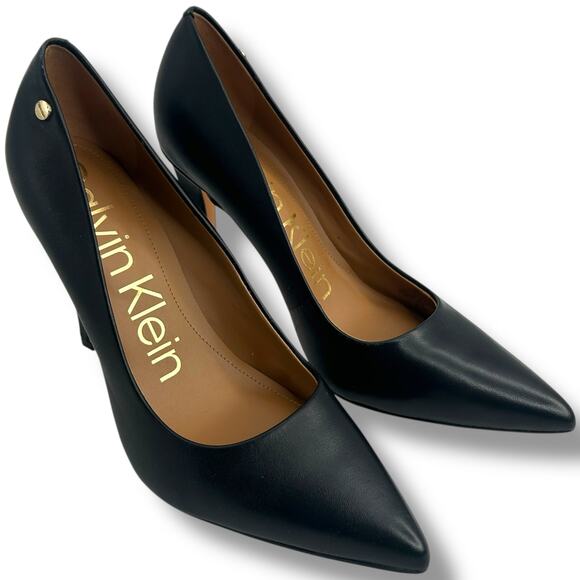 NEW Calvin Klein Pointed Toe Pumps Size 9 High Stiletto Heels Black Leather FLAW - Picture 11 of 13